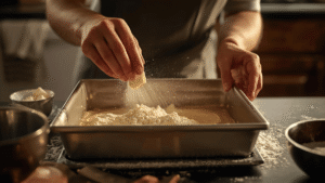 A baker greasing a rectangular baking dish with butter and flour in a cozy home kitchen.