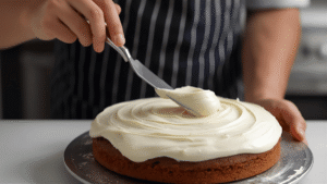 A baker spreading creamy white frosting over a cooled carrot cake with a spatula.