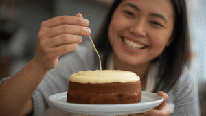 A baker testing a carrot cake with a toothpick, smiling as it comes out clean.