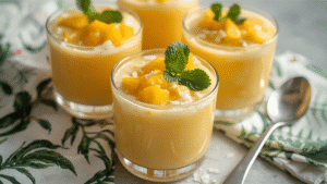A beautiful close-up shot of Mango Sago served in glass cups, topped with fresh mango chunks, mint, and coconut flakes, next to a tropical napkin and spoon, with natural daylight.