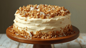 A beautifully frosted carrot cake topped with chopped nuts and coconut flakes, styled on a wooden cake stand.