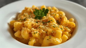A beautifully plated bowl of mac and cheese with breadcrumbs and parsley sprinkled on top, ready to serve.