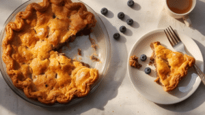 A beautifully styled kitchen table with a freshly baked gluten-free pie, a slice served on a plate beside a fork, scattered blueberries, and a warm golden glow from afternoon sunlight.