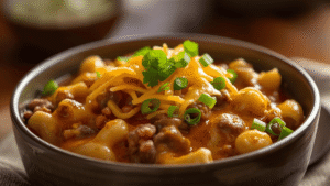 A bowl of cheesy vegetarian chili mac topped with melted cheese and chopped green onions, shot in warm natural light with a cozy, homestyle background.