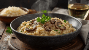 A bowl of creamy mushroom risotto garnished with parsley and parmesan, steam rising, surrounded by rustic wooden textures and a glass of white wine.