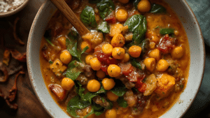 A bowl of golden sweet potato chickpea stew with coconut milk, spinach, and curry spices, styled with cozy fall colors and natural light.