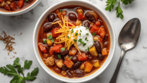 A bowl of hearty vegetarian chili with kidney beans, diced tomatoes, and colorful bell peppers, topped with shredded cheese and sour cream, surrounded by fresh herbs and a spoon.