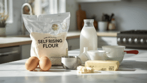 A bright kitchen counter with a bag of self-rising flour, measuring cups, eggs, milk, and butter arranged neatly for baking. Natural daylight, cozy home setting.