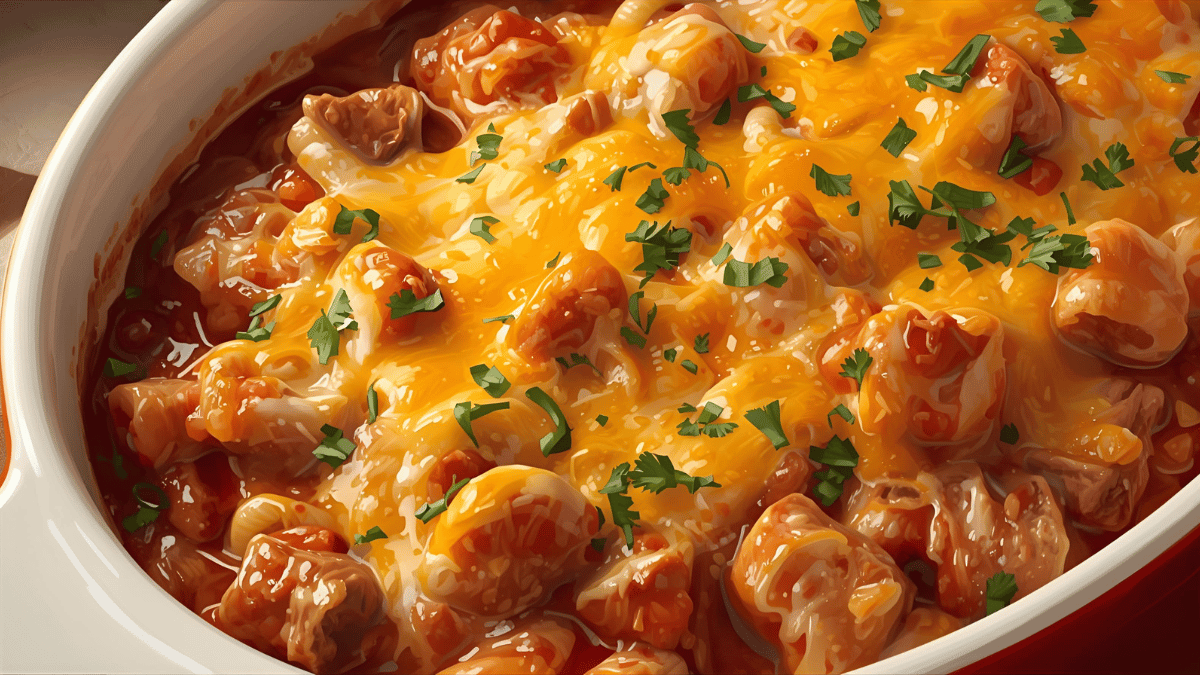 A bubbling casserole dish filled with creamy pasta and chunks of brisket, golden cheese melted on top, sprinkled with parsley.