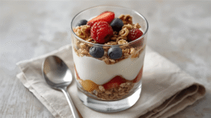 A clear glass layered with creamy yogurt, golden lemon curd, granola, and fresh berries, with a spoon resting on a linen napkin.