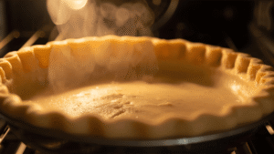 A close-up of a golden gluten-free pie crust baking in the oven, the edges flaky and slightly browned, with a cozy glow and soft steam rising from the crust.