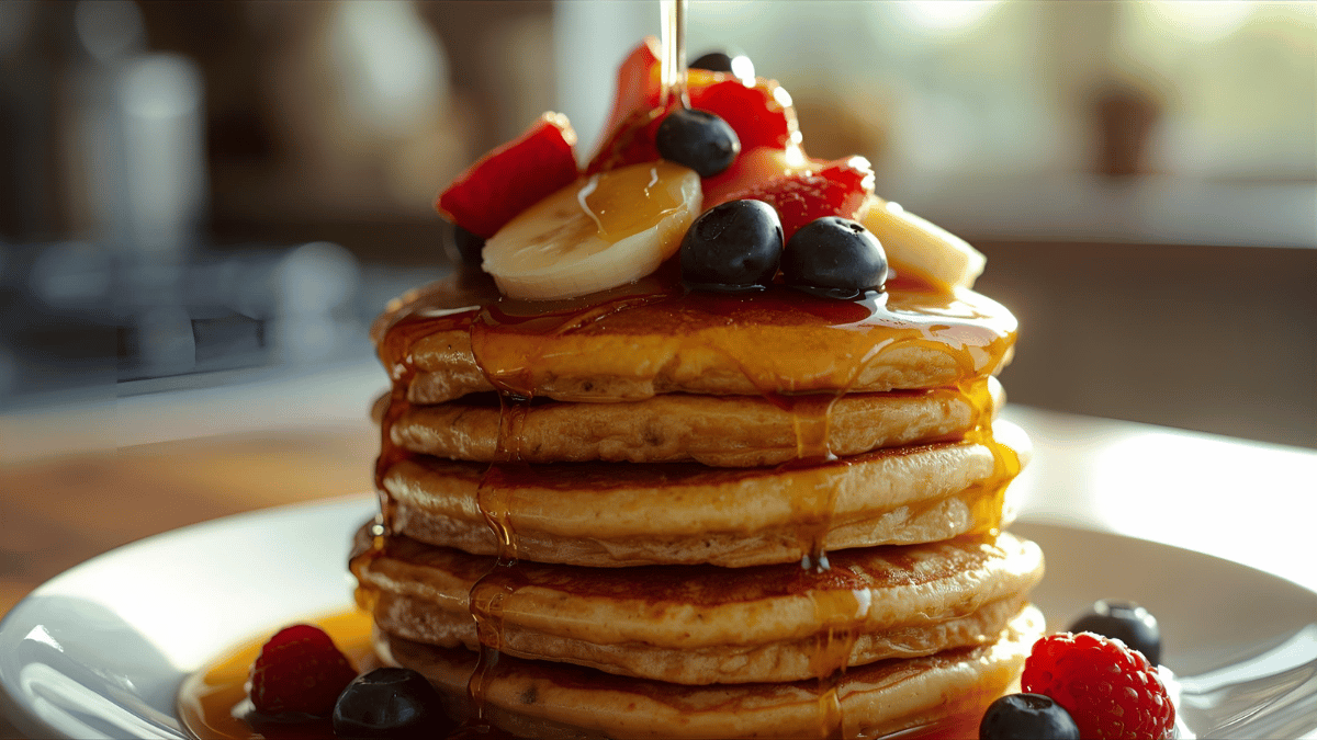 A close-up of a tall stack of golden-brown Kodiak pancakes topped with fresh berries, banana slices, and dripping maple syrup, with sunlight streaming into a cozy breakfast kitchen setting.