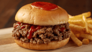 A close-up of a toasted bun filled with rich, saucy ground beef, ketchup glistening on top, with a side of crispy fries on a wooden table.