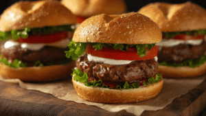 A close-up of juicy homemade lamb burgers with yogurt sauce, fresh lettuce, tomatoes, and feta on toasted brioche buns, styled on a rustic wooden table, warm natural lighting, high detail food photography.