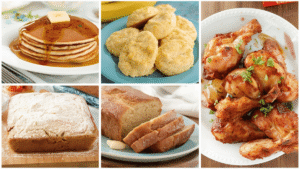 A collage of different dishes made using self-rising flour — pancakes, biscuits, banana bread, and fried chicken — on a bright kitchen table.