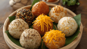 A colorful assortment of rice balls on a bamboo plate — sweet, spicy, cheesy, and classic, showing variety.