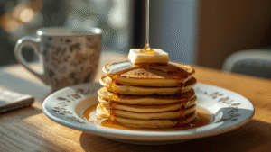 A cozy breakfast table with a stack of golden pancakes topped with syrup, butter melting down the sides, coffee mug beside it, morning sunlight glowing through a window.