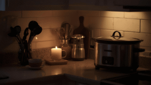 A cozy, dimly lit kitchen corner with a candle, tea mug, and a bubbling crockpot on the counter — soft, golden tones evoking peace and calm.