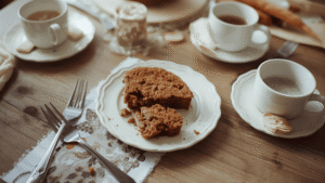 A cozy dining table with a half-eaten carrot cake, a few forks, and coffee mugs — symbolizing family togetherness.