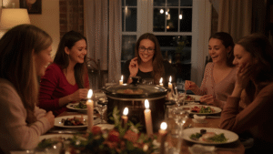A cozy dinner scene with friends gathered around a table, laughter in the air, candles flickering, a big crockpot of food at the center.