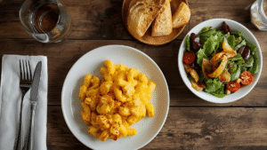 A cozy dinner setup with mac and cheese, garlic bread, and salad on a rustic wooden table.