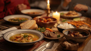 A cozy family dinner table with simple home-cooked dishes — soup, bread, rice, and vegetables — and warm candlelight in the background.)