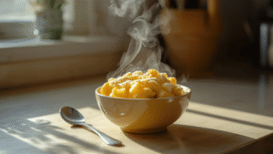 A cozy kitchen counter with a steaming bowl of macaroni and cheese, a spoon resting beside it, and sunlight streaming through the window.