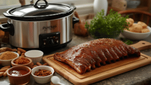 A cozy kitchen scene with a slow cooker on the counter, a rack of ribs on a cutting board, and small bowls of brown sugar, spices, and barbecue sauce arranged nearby. Warm natural lighting.