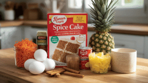 A cozy kitchen setup with baking ingredients — a box of spice cake mix, shredded carrots, eggs, pineapple, cinnamon, and walnuts arranged neatly on a wooden counter with natural lighting.