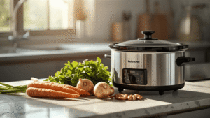 A cozy modern kitchen countertop with a stainless-steel crockpot, fresh vegetables (carrots, onions, bell peppers, beans), and a warm natural light streaming through the window.
