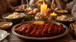 A family dinner table scene with a platter of brown sugar glazed ribs, mashed potatoes, cornbread, and coleslaw, warm candlelight and cozy atmosphere.