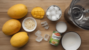 A flat lay showing ingredients for Mango Sago — fresh ripe mangoes, a small bowl of cooked sago pearls, a can of coconut milk, condensed milk, a blender, and a few ice cubes on a wooden kitchen counter.