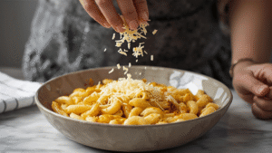A food blogger adding a final sprinkle of shredded cheese on top of baked macaroni before serving.