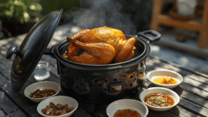 A golden turkey roasting in The Big Easy fryer on a patio table, surrounded by small bowls of spices, honey, and herbs. Sunlight and gentle smoke for a warm homey vibe.