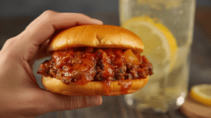 A hand holding a freshly made Sloppy Joe sandwich with sauce dripping slightly, beside a cold glass of lemonade.