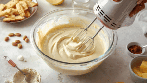 A hand mixer blending smooth cake batter in a glass bowl, with ingredients spread out nearby.