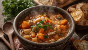 A hearty vegetable stew in a rustic bowl with steam rising, surrounded by fresh herbs, wooden spoons, and slices of crusty bread.