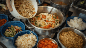 A kitchen scene with small bowls of leftover ingredients — rice, vegetables, chicken — being mixed together into a new colorful dish.