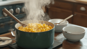 A nostalgic kitchen table scene with a steaming pot of mac and cheese, a wooden spoon, and vintage-style bowls ready for serving.