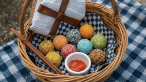 A picnic basket filled with colorful rice balls, chopsticks, and small dipping sauces on a checkered cloth.