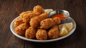 A plate of crispy golden fried chicken pieces served with lemon wedges and dipping sauce on a rustic wooden table.