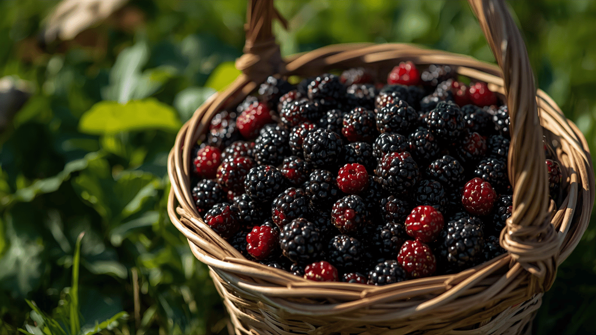 A rustic basket filled with freshly picked blackberries in the sunlight.