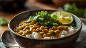 A rustic bowl of creamy coconut lentil curry topped with fresh cilantro and lime wedges, served over jasmine rice with warm light and cozy kitchen background.