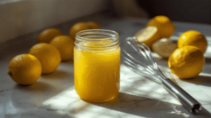 A rustic kitchen scene with a glass jar of golden lemon curd, fresh lemons scattered around, and a whisk lying on a marble counter bathed in sunlight.