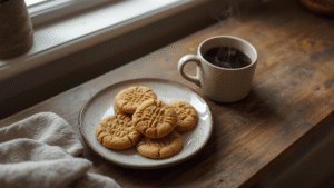 A rustic kitchen table with a ceramic plate of golden peanut butter cookies, a steaming cup of coffee beside it, soft afternoon light through the window, cozy lifestyle blogger aesthetic, warm tones and homey details.