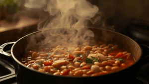 A rustic pot of beans simmering with tomatoes, onions, and herbs, steam rising in a cozy kitchen atmosphere.