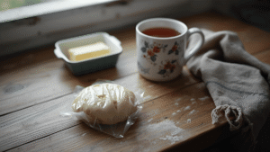 A rustic wooden counter with a small ball of pie dough wrapped in plastic, resting beside a mug of tea, butter dish, and a cozy linen towel — soft light glowing from the window.