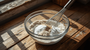 A rustic wooden kitchen counter with a bowl of flour, sugar, and baking powder being whisked together, sunlight streaming through the window.