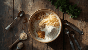 A rustic wooden kitchen counter with a bowl of grated Parmesan, almond flour, and spices surrounded by measuring spoons and herbs, cozy afternoon light.
