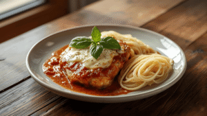 A rustic wooden table with a plated Chicken Parmesan topped with melted cheese and basil, served with spaghetti on the side, natural window light.